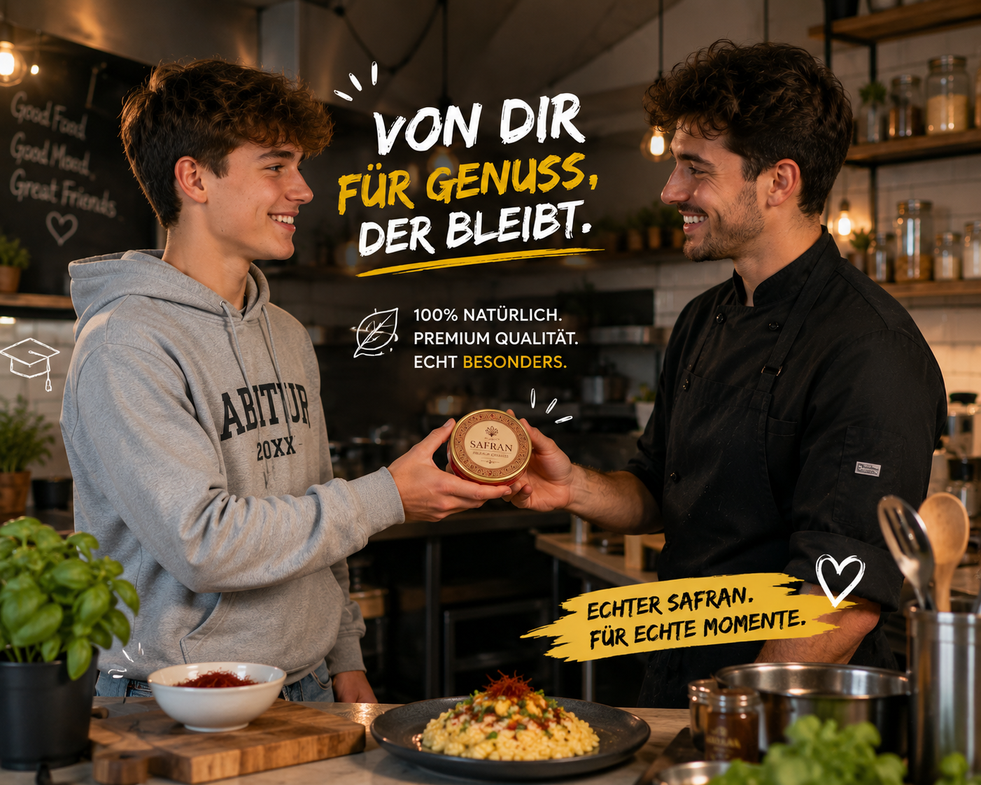 Abiturient übergibt einem Koch eine Dose Safran in einer Restaurantküche
